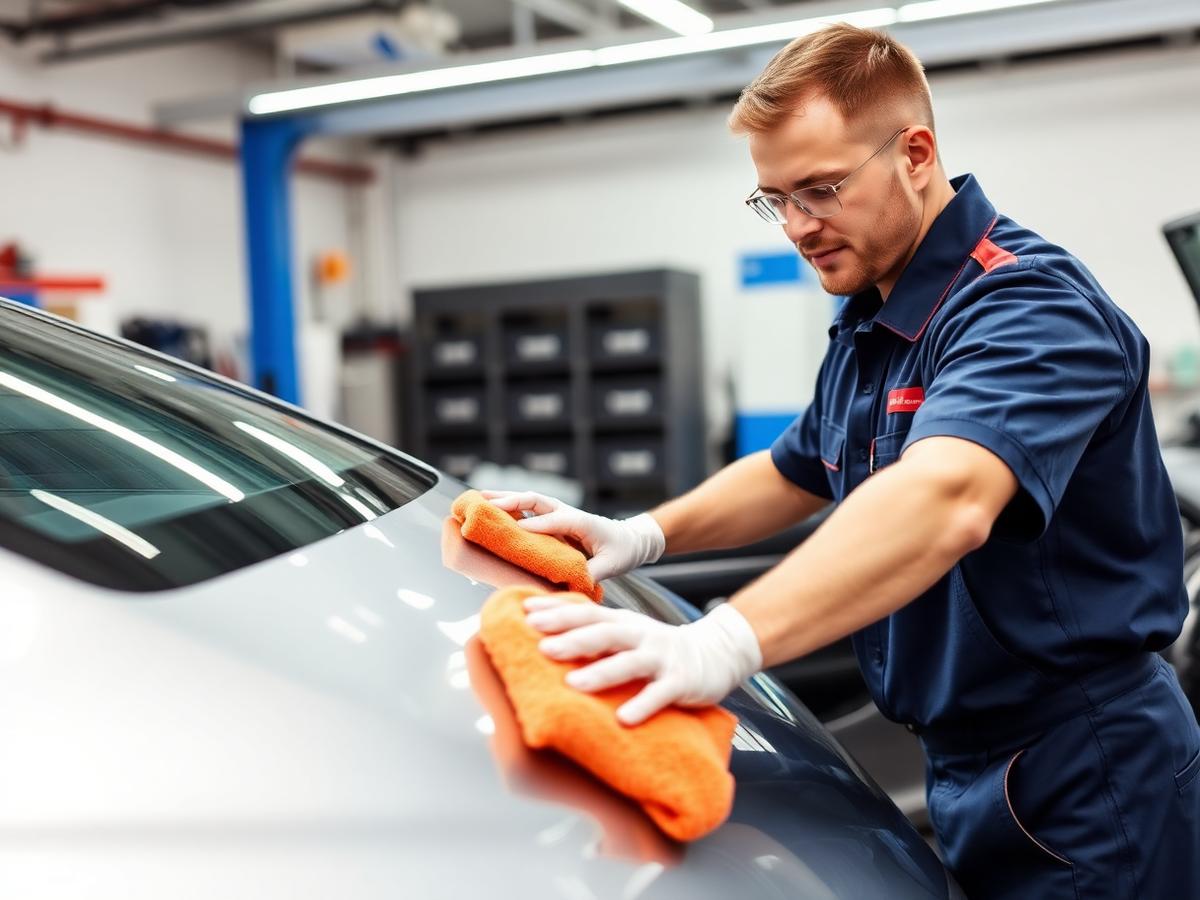 Professional technician polishing a car